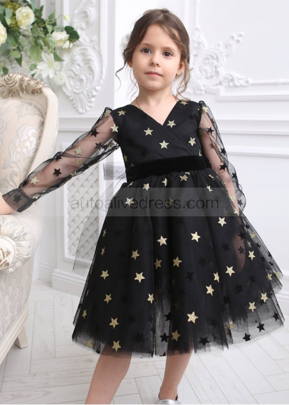 Long Sleeves Black Gold Star Tulle V Back Wedding Flower Girl Dress